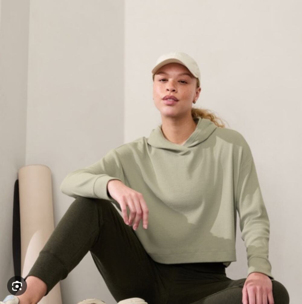 Athleta Presence Hoodie Ribbed Crop Pullover Moss Green Size Small
